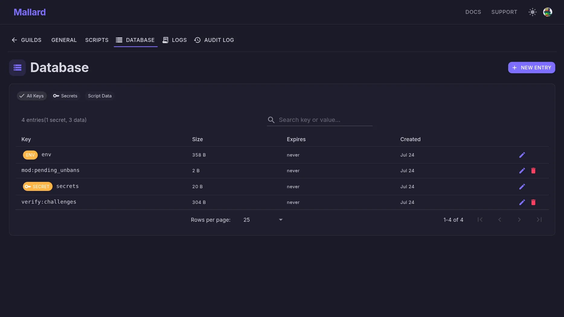 The dashboard database page listing key-value entries for a guild, including the env row and the write-only secrets row.