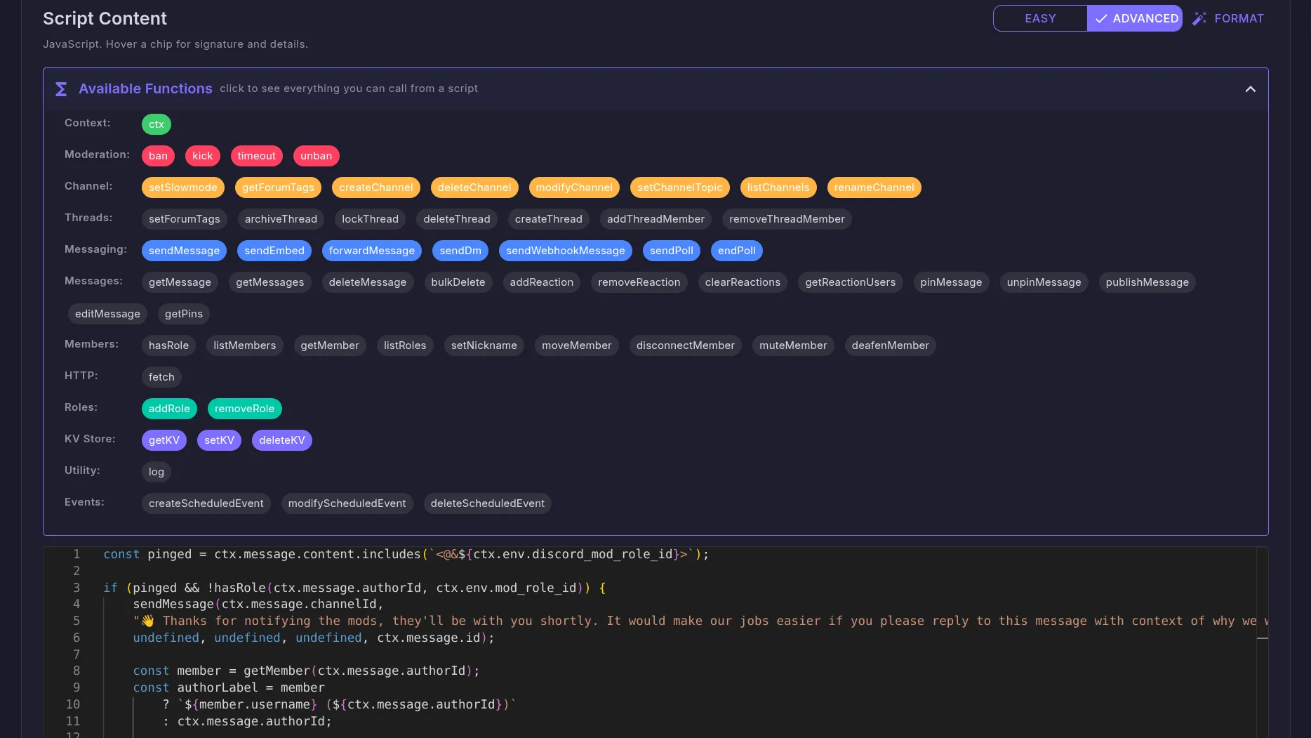 The Mallard script editor, with an Available Functions reference above a JavaScript script in a code editor.